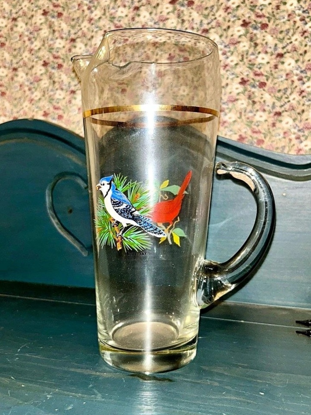 Vintage Glass Pitcher with Blue Jay and Cardinal Design w/gold rim